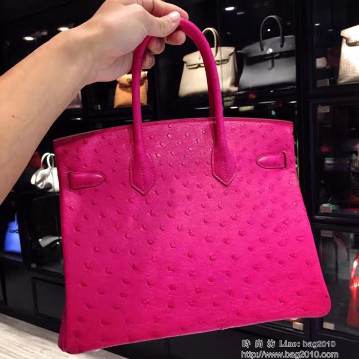 HERMES愛馬仕 鉑金包 Birkin 30 南非原產KK級鴕鳥皮 頂級工藝 玫紅 手縫蠟線 手提包  Ama1240